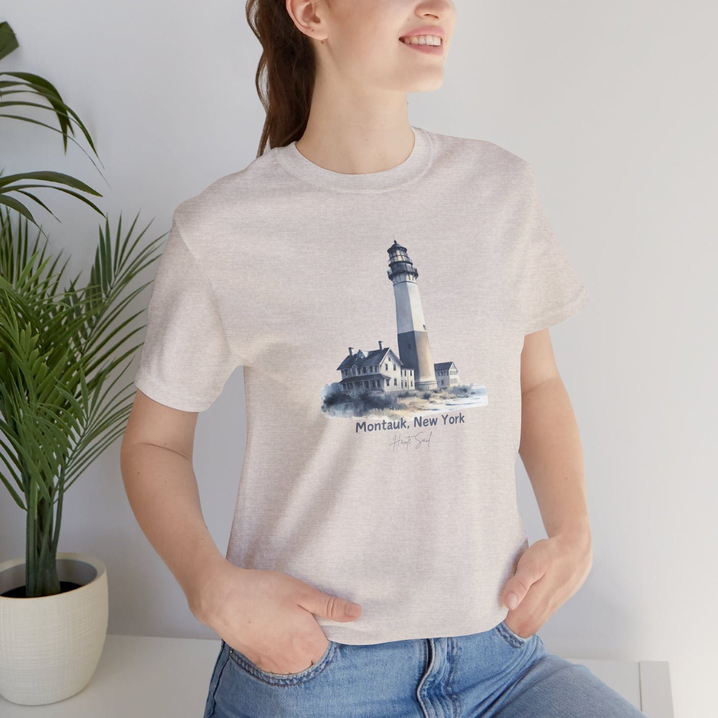 Montauk New York Unisex Jersey Short Sleeve Tee, Lighthouse, Vacation, Beach, Seashell, Sailing, Ocean View, The Hamptons, Relaxation, Sunny - Haute Sail